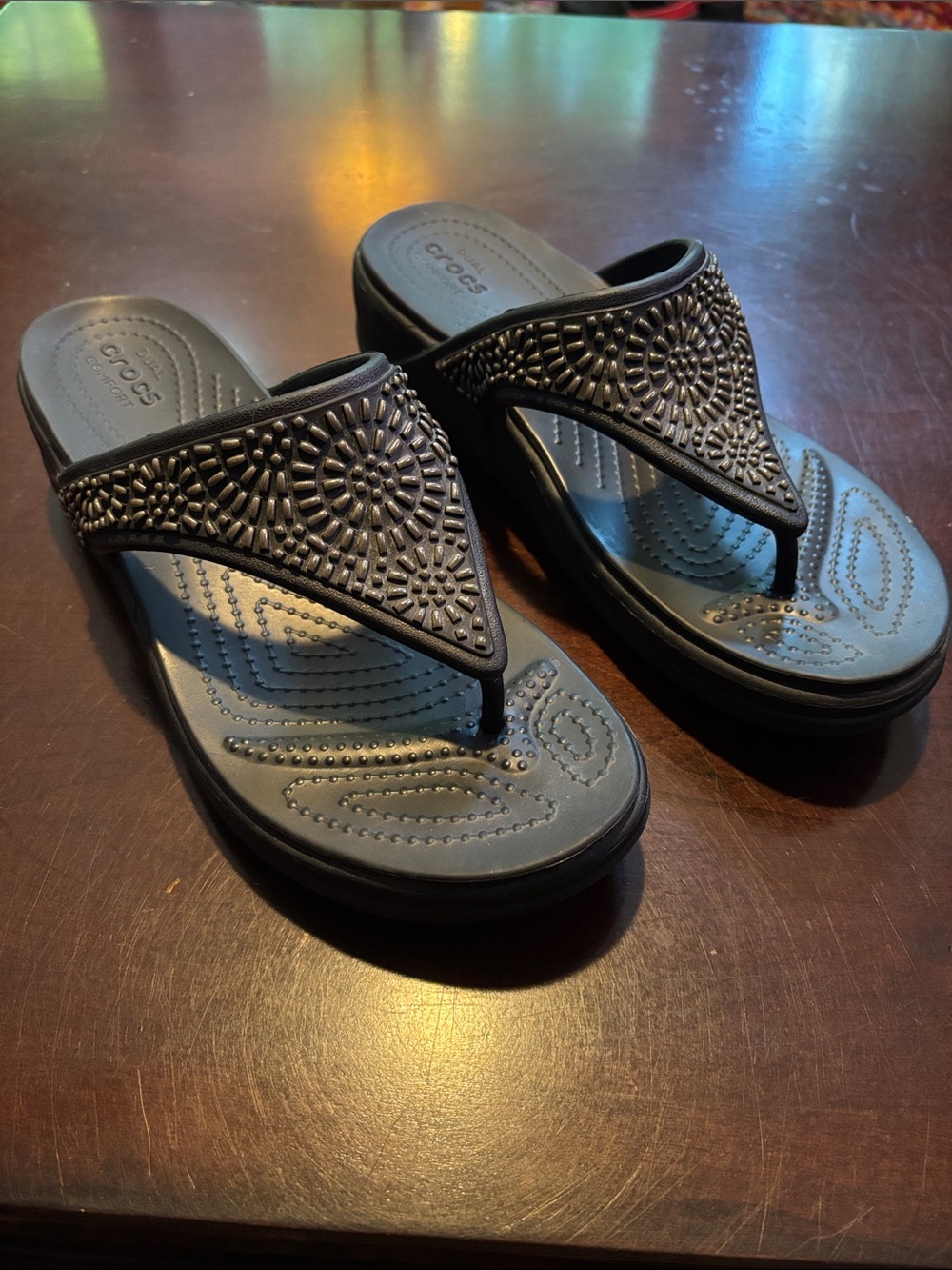 CROCS Black Monterey Diamante Wedge Flip Flop Sandals